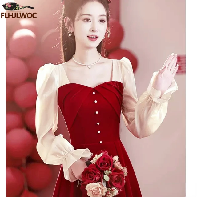 2024 New Year Christmas Chic Elegant Annual Meeting Red Dress Women Square Neck French Design Long Party Dresses Vestidos AliExpress