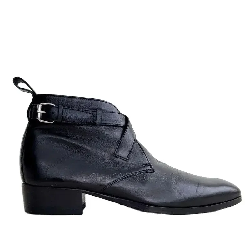 

Black Belt Fastener Decor Square Toe Ankle Boots Fashion Slip On Men Boots Luxury Handmade Party Banquet Office Men Dress Shoes