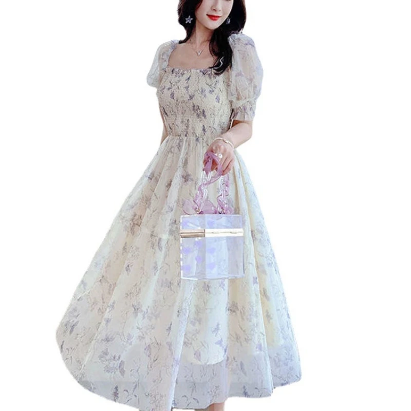 2026 Summer White Chiffon Long Dress Casual Floral Party Dress Elegant Short Sleeve Fairy Dresses for Women Sweet Beach Clothing