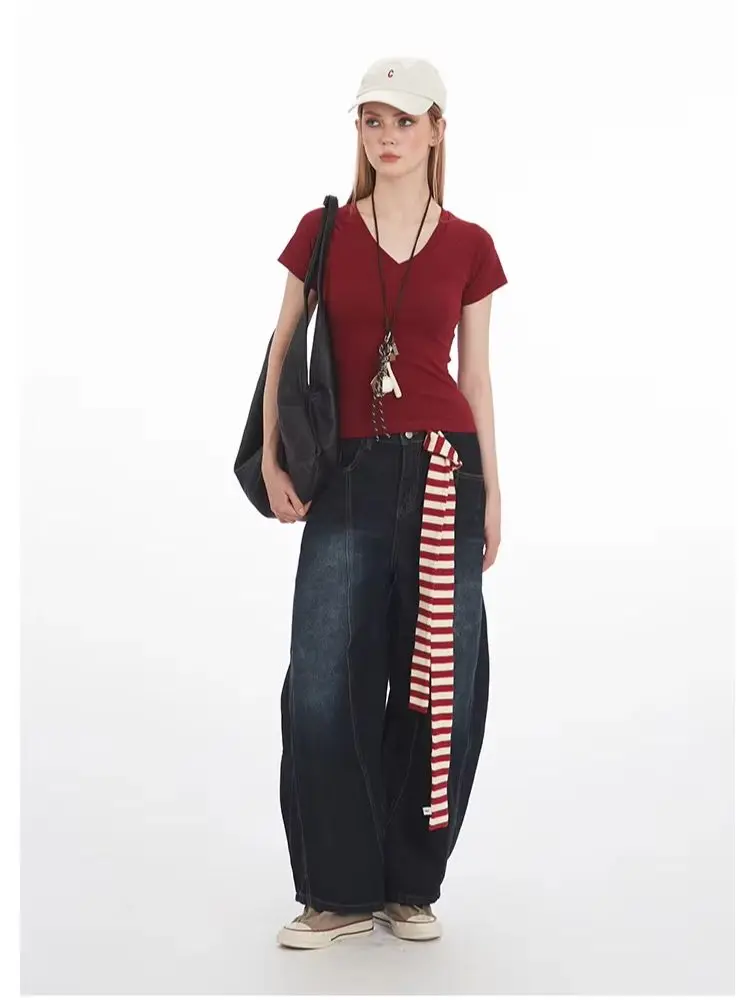 レッドサマースリムフィット V ネックコットン Tシャツレディーストップ通勤怠惰なソリッドカラー Tシャツ半袖 2026 新しい