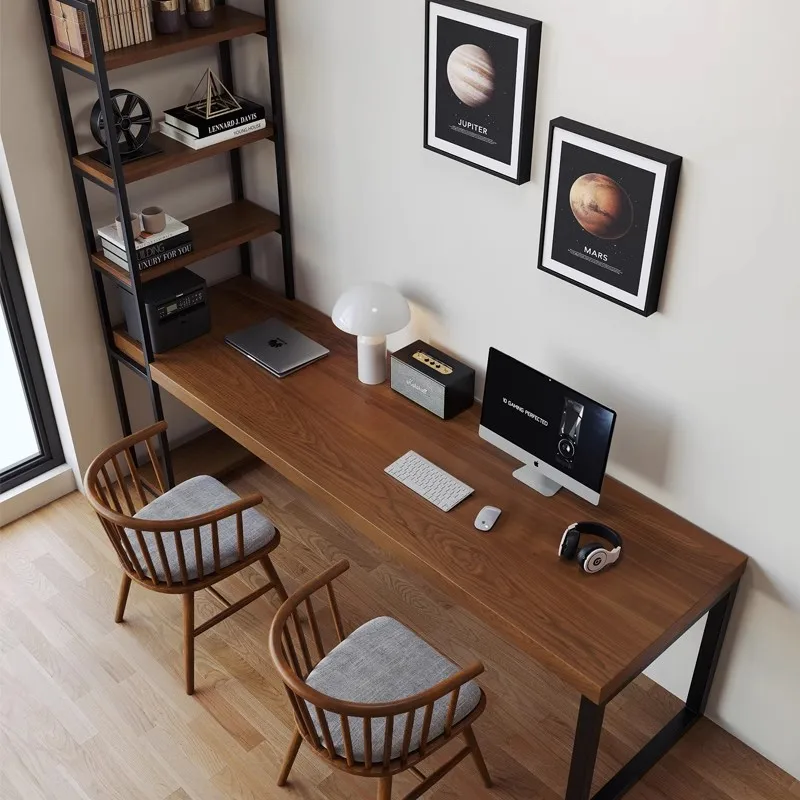 Solid wood desk bookshelf integrated table simple long office computer desk household small apartment bedroom against the wall