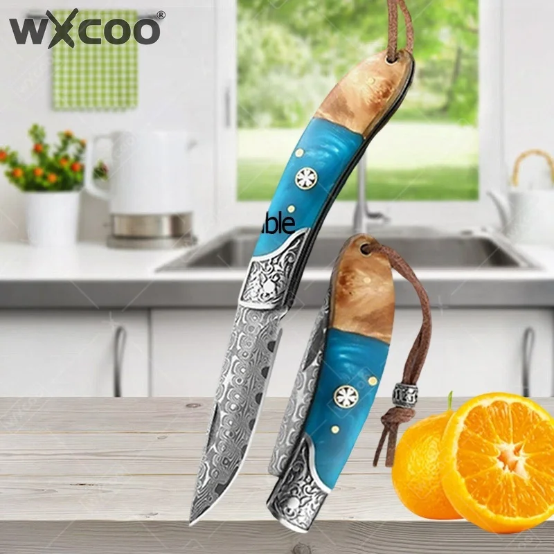 

WXCOO Damascus Steel Folding Pocket Knife Durable Chef Knife Kitchen Meat Paring Cleaver Folding Man Gifts