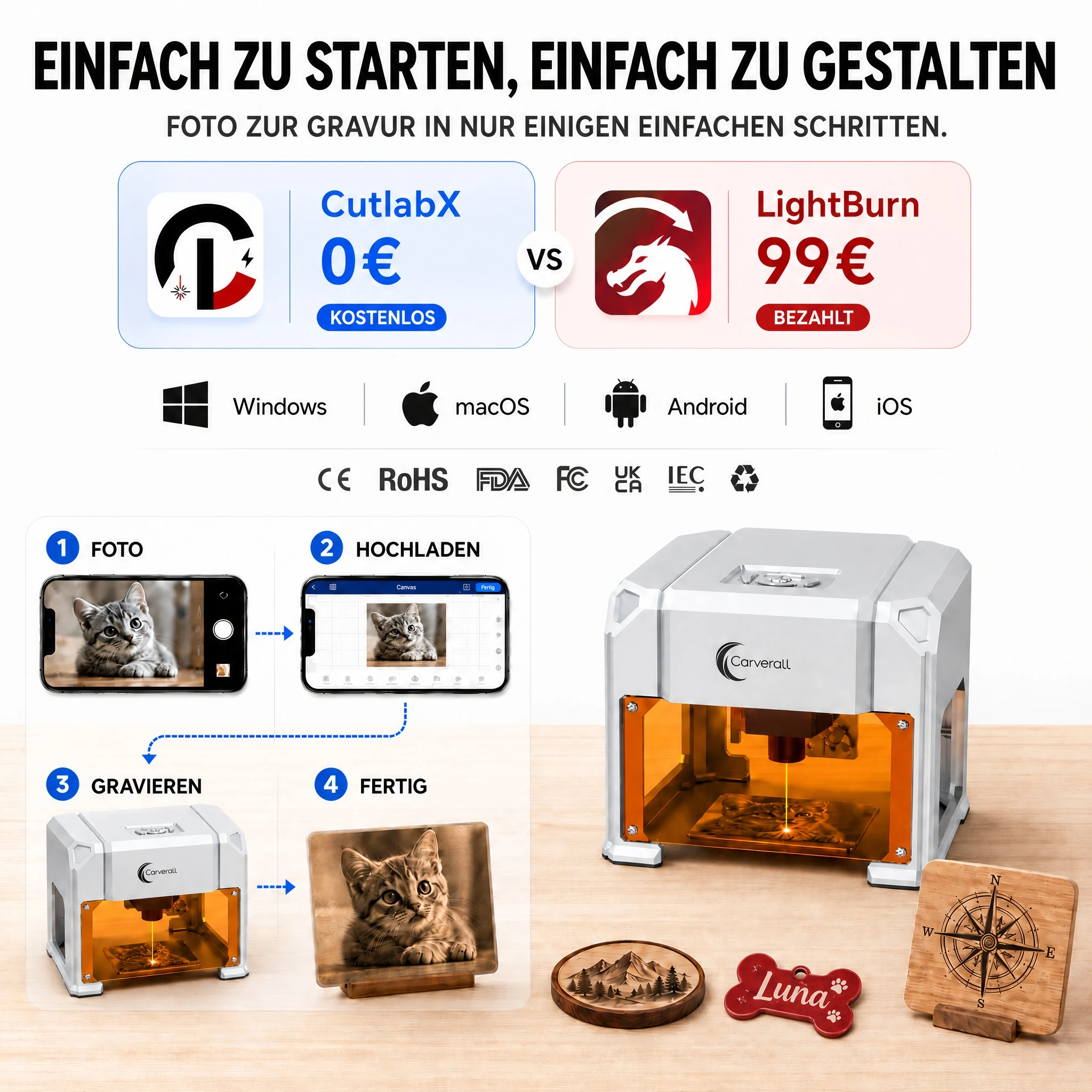 Carverall K4 3W Lasergravierer, Tragbare Mini-Graviermaschine mit WiFi-App-Steuerung und USB, 80 x 80 mm, Bis zu 0,01 mm Präzision, für Holz, Bambus, Leder, Papier, Karton, DIY-Geschenke, Einsteigerfreundlich – Detail 5