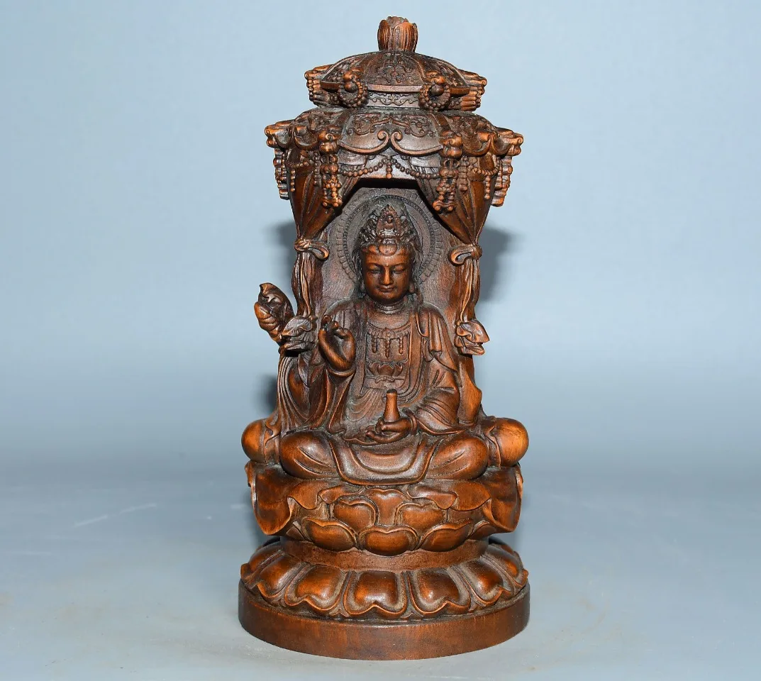 

7"Tibetan Temple Collection Old Boxwood Three Sages Shakyamuni Guanyin Sitting Buddha Buddhist Niche Worship Hall Town house