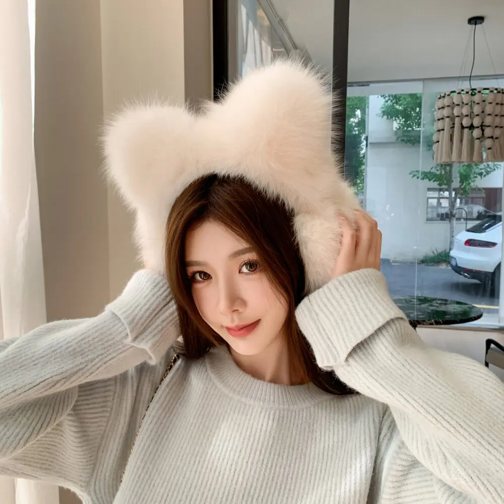 Cute Genuine Fox Fur Ear Warmer Headband Cat Ear Design Casual Style for Girl Outdoor Travel Warm Ear Cover Headband