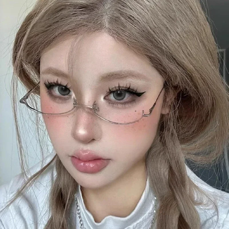 نظارات عتيقة بإطار معدني نصف إطار بدون عدسة للفتيات أنيقة لتزيين الحفلات التنكرية Y2K نظارات تصوير معدنية #4