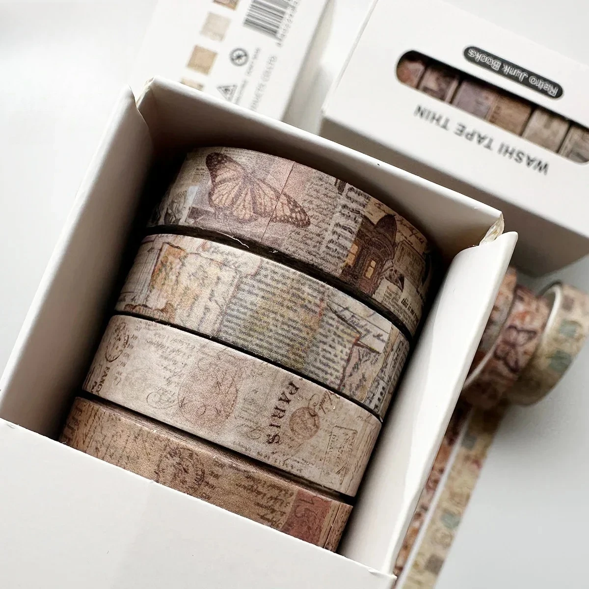 8 Rollos/set de Cinta Adhesiva Decorativa Washi con Diseño Vintage de Texto en Inglés, Flores y Paisajes, Material para Collage, Papelería Creativa para DIY y Diario
