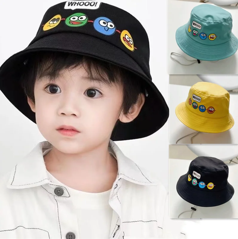 Korean Cute Cartoon Children Bucket Hats Boys Girls Outdoor Sun Hats Kids Caps with Windproof Rope Kids Accessories