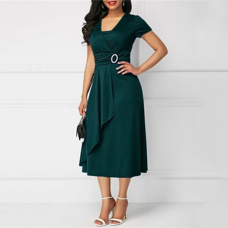 We.Fine Dress Women Solid Color Short Sleeve V Neck Asymmetric Hem Waist Midi Party Dress Elastic Female Dresses Woman Vestidos 3 We.Fine Dress Women Solid Color Short Sleeve V Neck Asymmetric Hem Waist Midi Party Dress Elastic Female Dresses Woman Vestidos 3