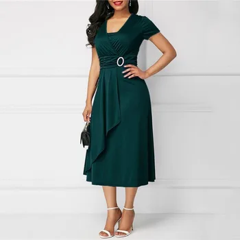 We.Fine Dress Women Solid Color Short Sleeve V Neck Asymmetric Hem Waist Midi Party Dress Elastic Female Dresses Woman Vestidos 3 We.Fine Dress Women Solid Color Short Sleeve V Neck Asymmetric Hem Waist Midi Party Dress Elastic Female Dresses Woman Vestidos 3