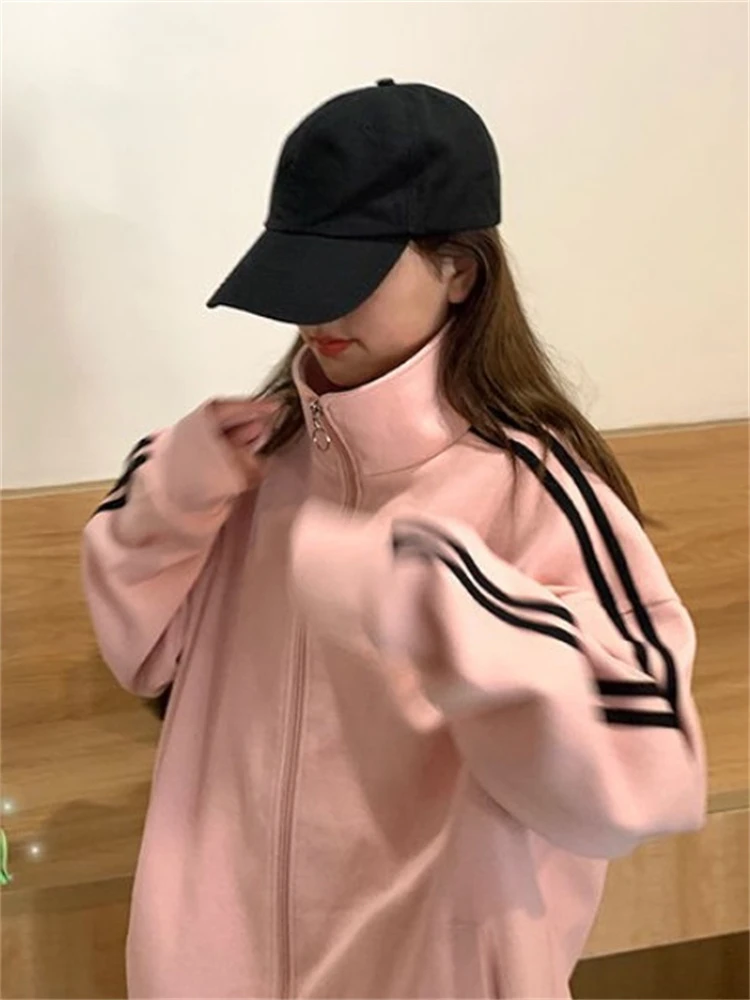 Koreańskie modne dresy do biegania damskie Y2K styl Preppy różowe spodnie luźne Kpop Streetwear spodnie dresowe bluza z kapturem w paski jesień