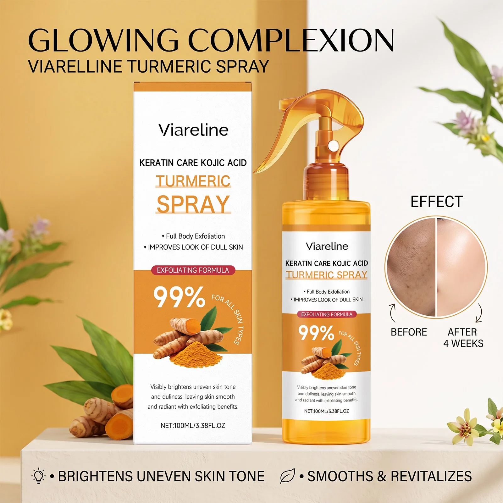 Turmeric Exfoliating Body Spray Gentle Cleansing Smoothing Nourishing Soft Hydrating Mist Dead Skin Remover All Skin Daily Care