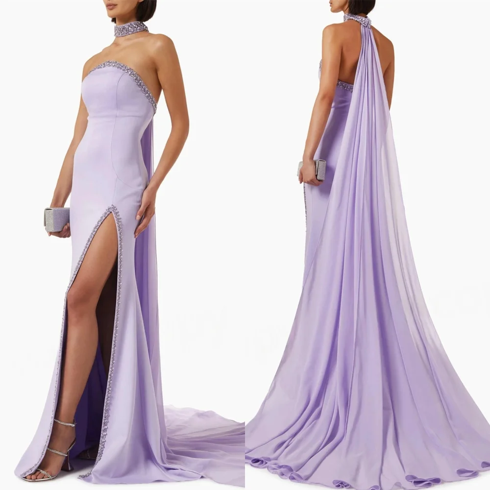 

Customized Fashion Light Purple Jersey Evening Dress Elegant Strapless Sleeveless Homecoming Dresses High Quality Party Gowns