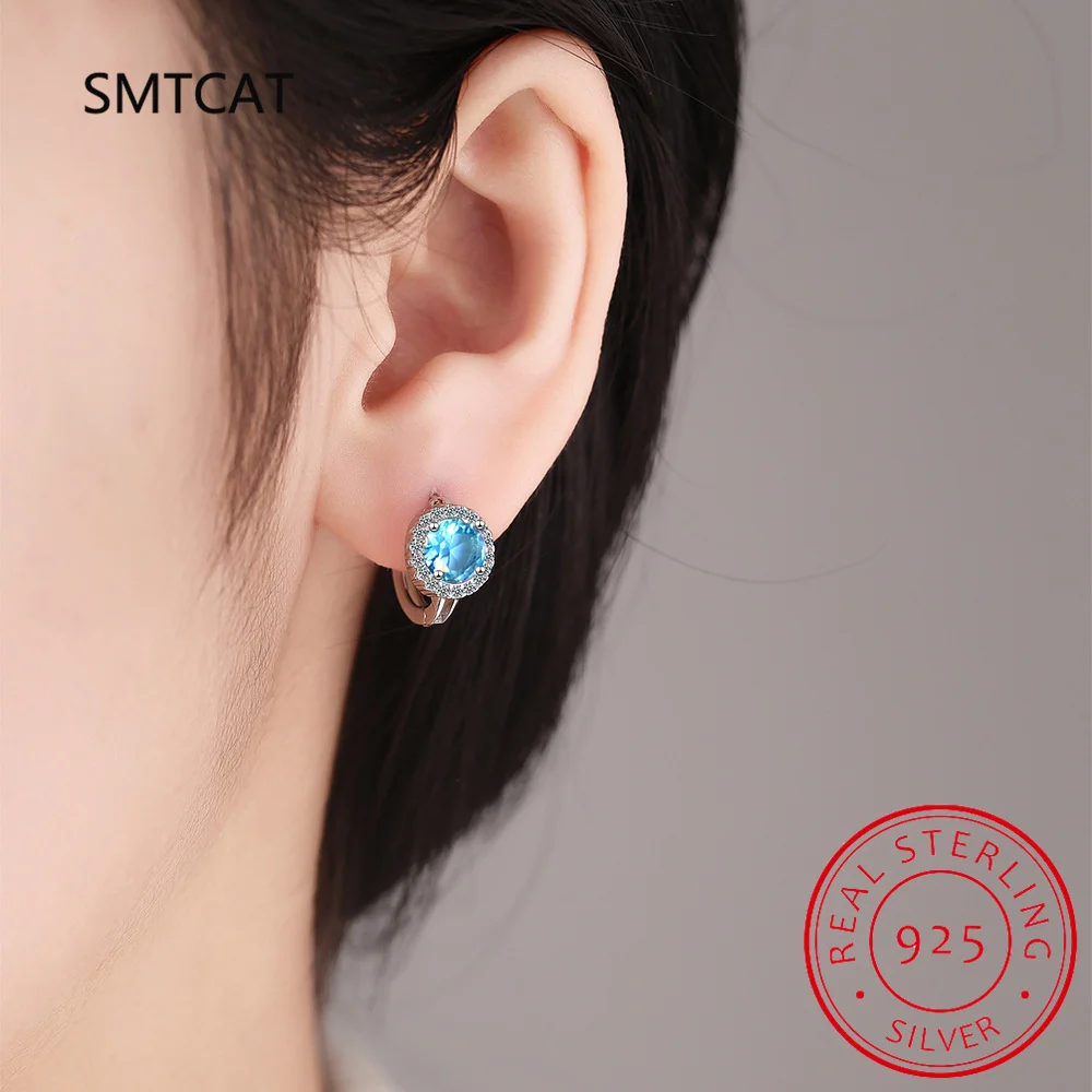 Round Genuine Red Garnet 925 Sterling Silver Hoop Earrings for Women Fashion Engagement Jewelry Ruby Birthstone Huggies