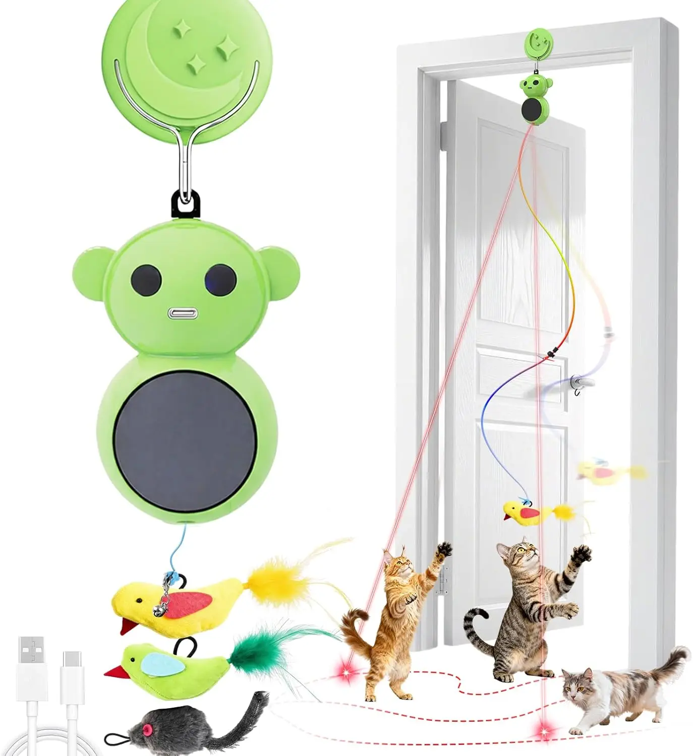 

Interactive Cat Toy: 2-in-1 Laser Pointer with Automatic Flying Bird & Mouse Wand, USB Rechargeable for Indoor Cats