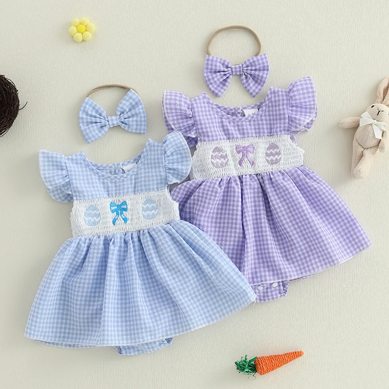 

Baby Easter Romper Newborn Baby Girl Summer Clothes Casual Baby Plaid Printed Flying Sleeve Jumpsuits Toddler Playsuit +Headband