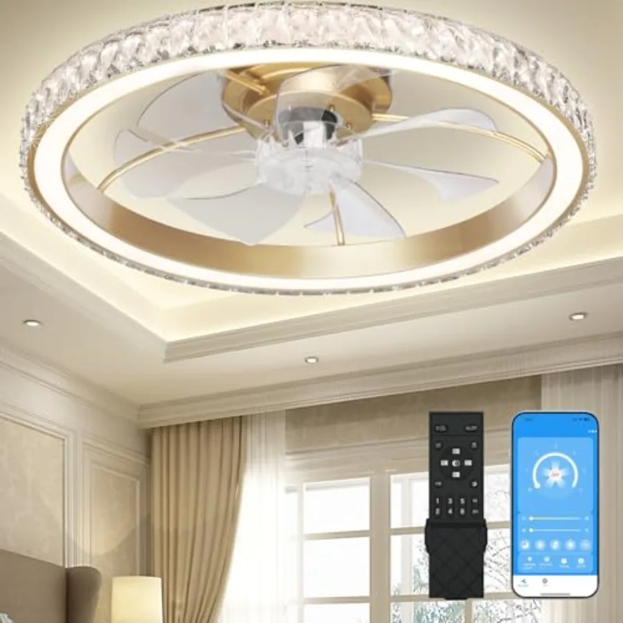 

Bedroom ceiling fan with crystal chandelier design, gold finish, modern low-profile bladeless LED light, 3000K-6500K adjustable