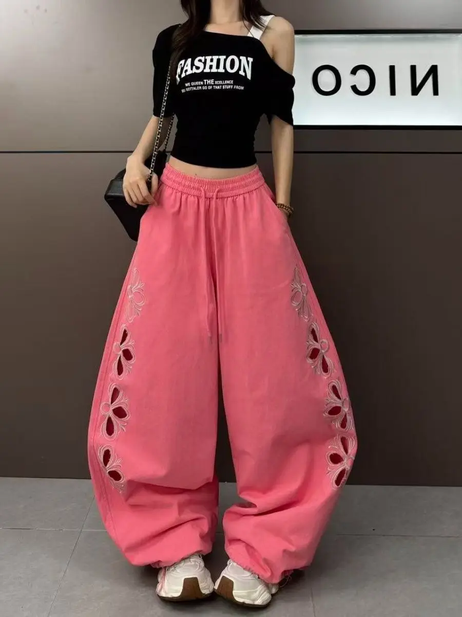 High Waist Embroidered Hollow out Wide Leg Pants for Women Casual Comfortable Breathable Original Design Cool Trendy Trousers