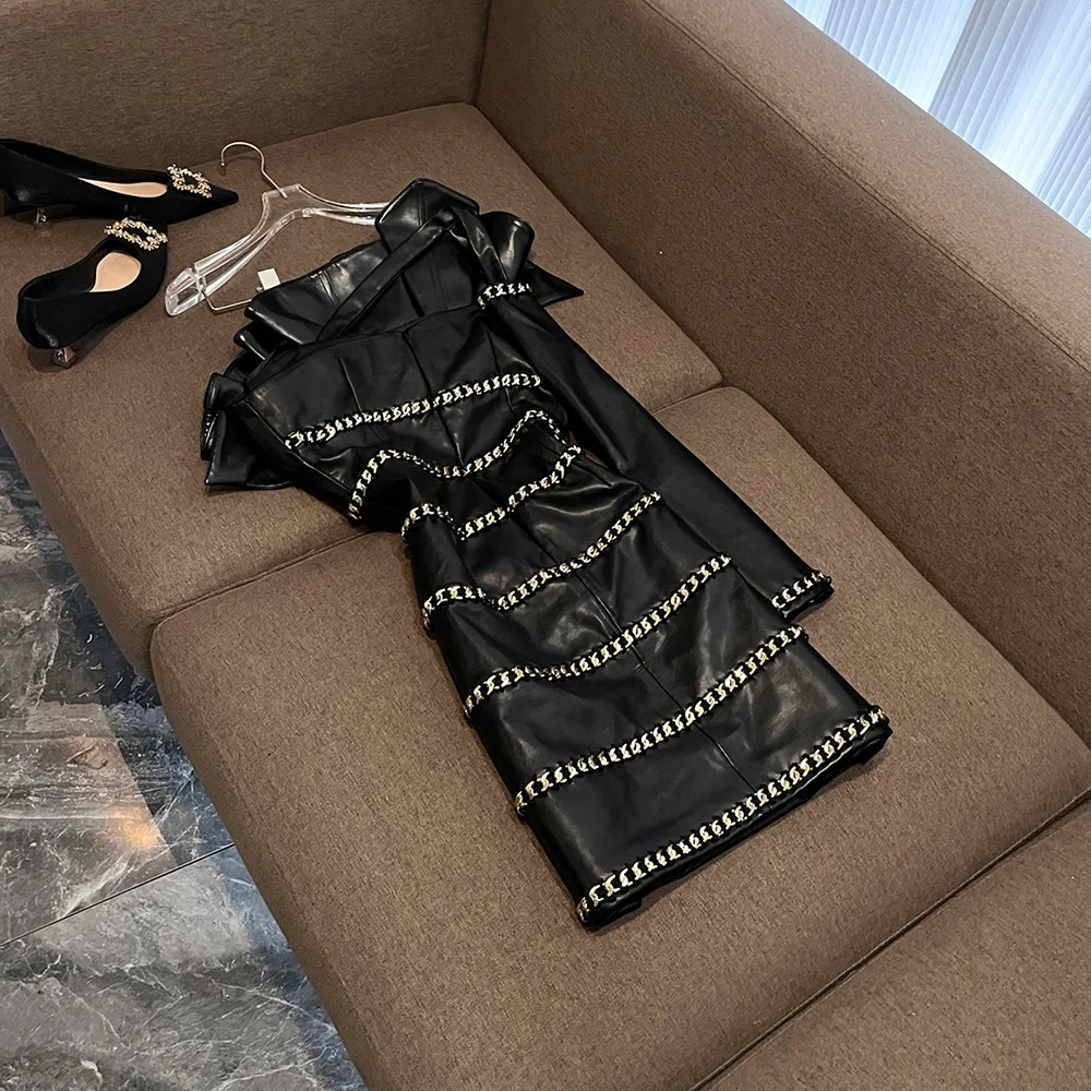 TWOTWINSTYLE Design Sense Ruffle Dresses For Women Diagonal Collar Long Sleeve High Waist Chic Mini Dress Female New KDR554740