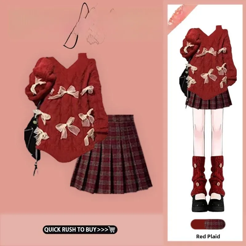 

Knot oulder Bared V-Ne Sweater Women's Autumn Winter New Lazy Sle Knitted Top with Red Plaid Skirt Set