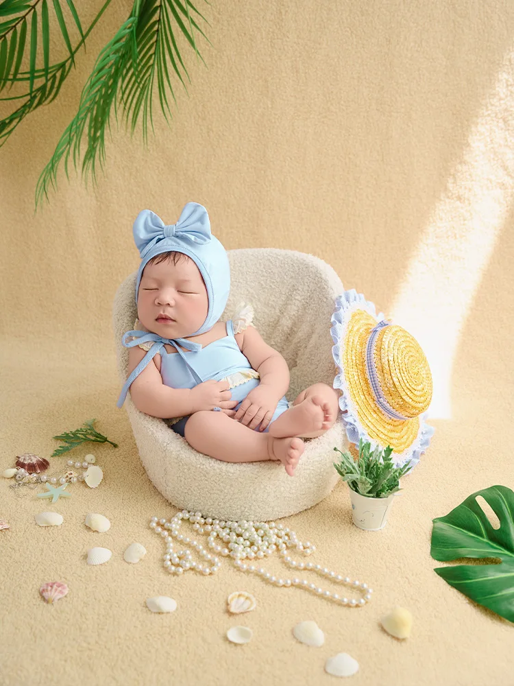 summer-beach-theme-newborn-photography-props-baby-photo-outfit-bow-hat-swimsuit-set-seashell-decor-props-for-infant-studio-photo