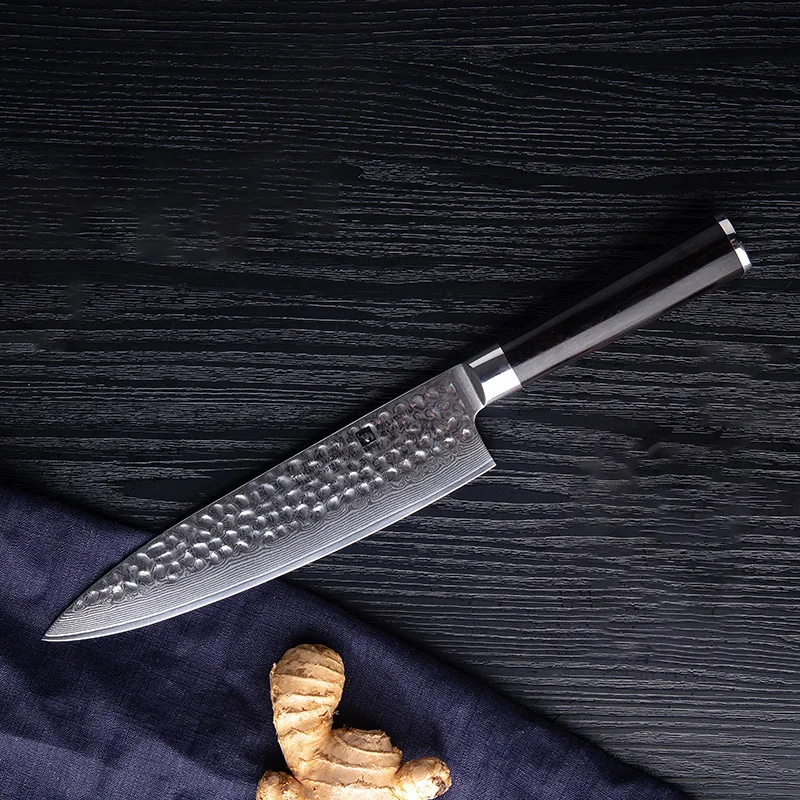 

8-дюймовый нож шеф-повара, 67-слойное лезвие из дамасской стали, ручка из черного дерева, тесак для нарезки овощей, мясо, кованые кухонные ножи ручной работы