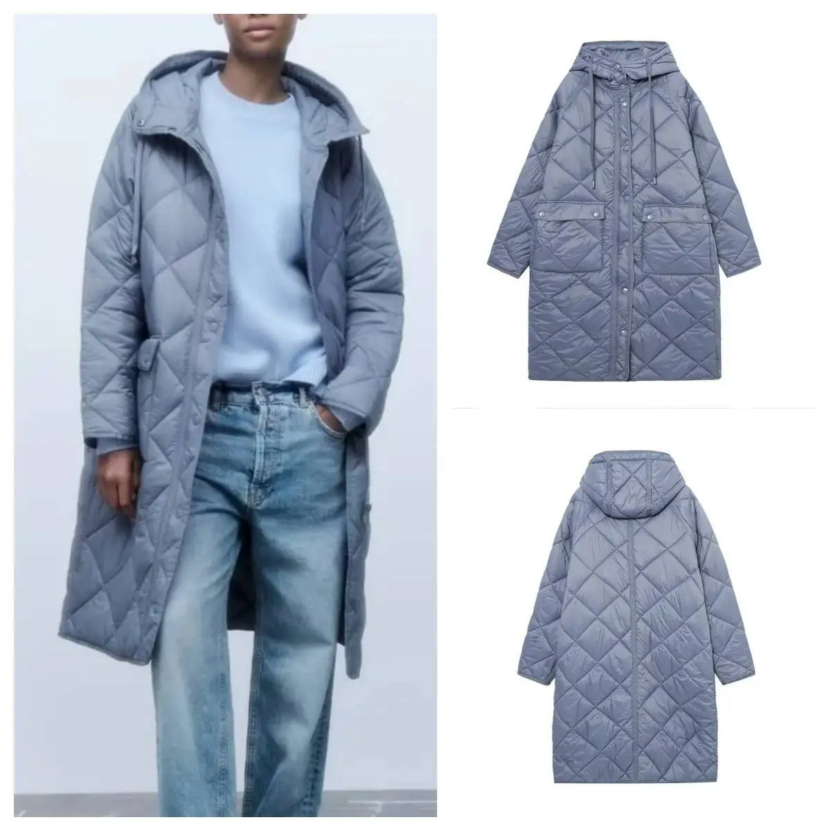 

Европейская и американская зимняя новая стильная ромбовидная длинная свободная хлопковая женская модная универсальная теплая куртка с капюшоном