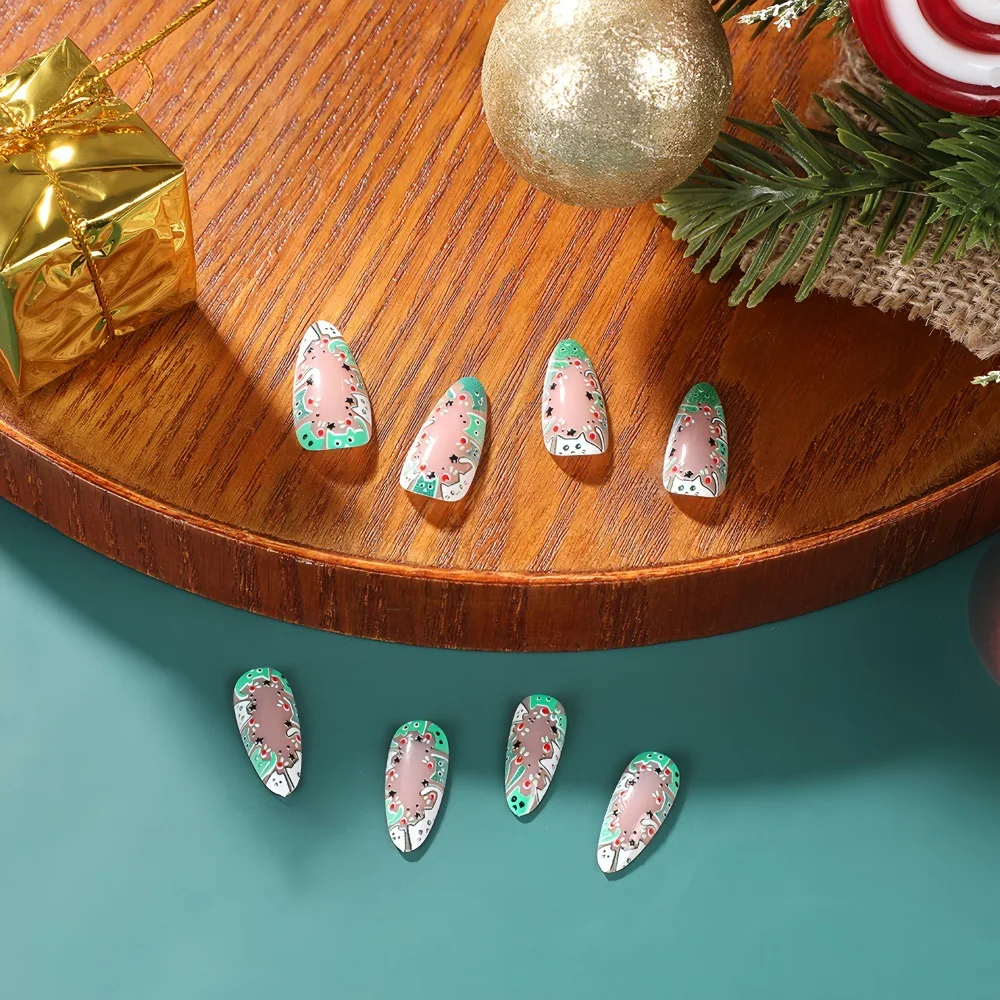 24pcs Christmas Press On Nails Green Santa Cat Wreath Designs False Nails Glossy Almond Full Cover Wearable Fake Nail For Party