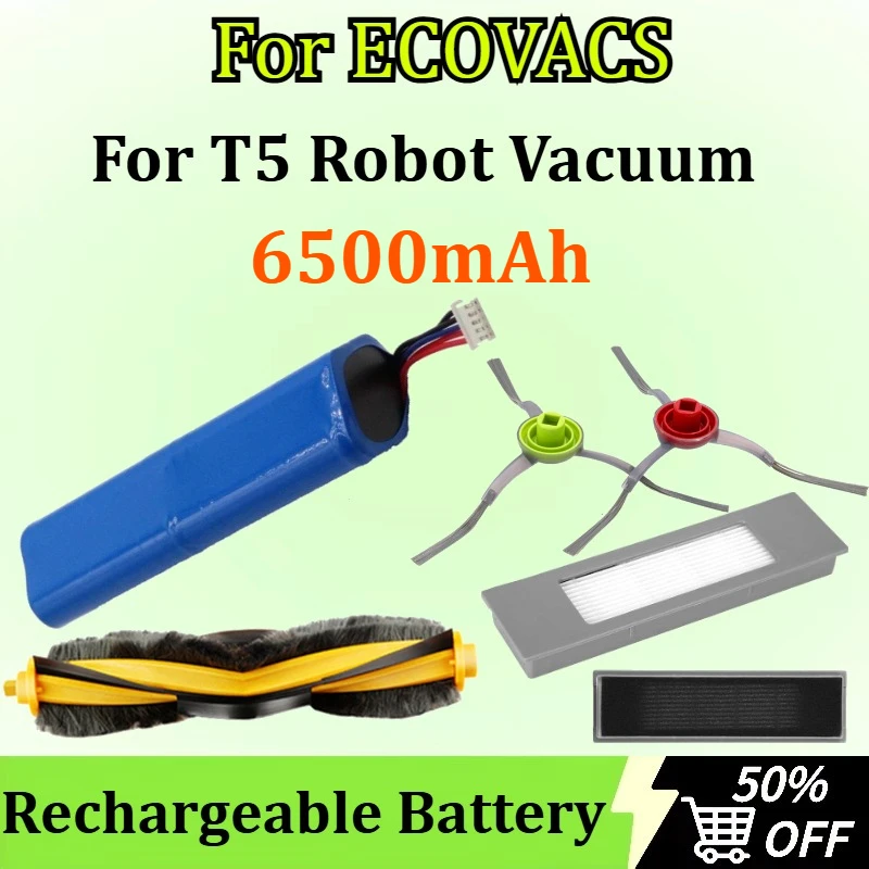 بطارية جديدة قابلة لإعادة الشحن بقدرة 6500 مللي أمبير في الساعة لبطارية مكنسة الروبوت ECOVACS T5 مع فرشاة رئيسية T5/فرشاة جانبية/ملحقات مرشح