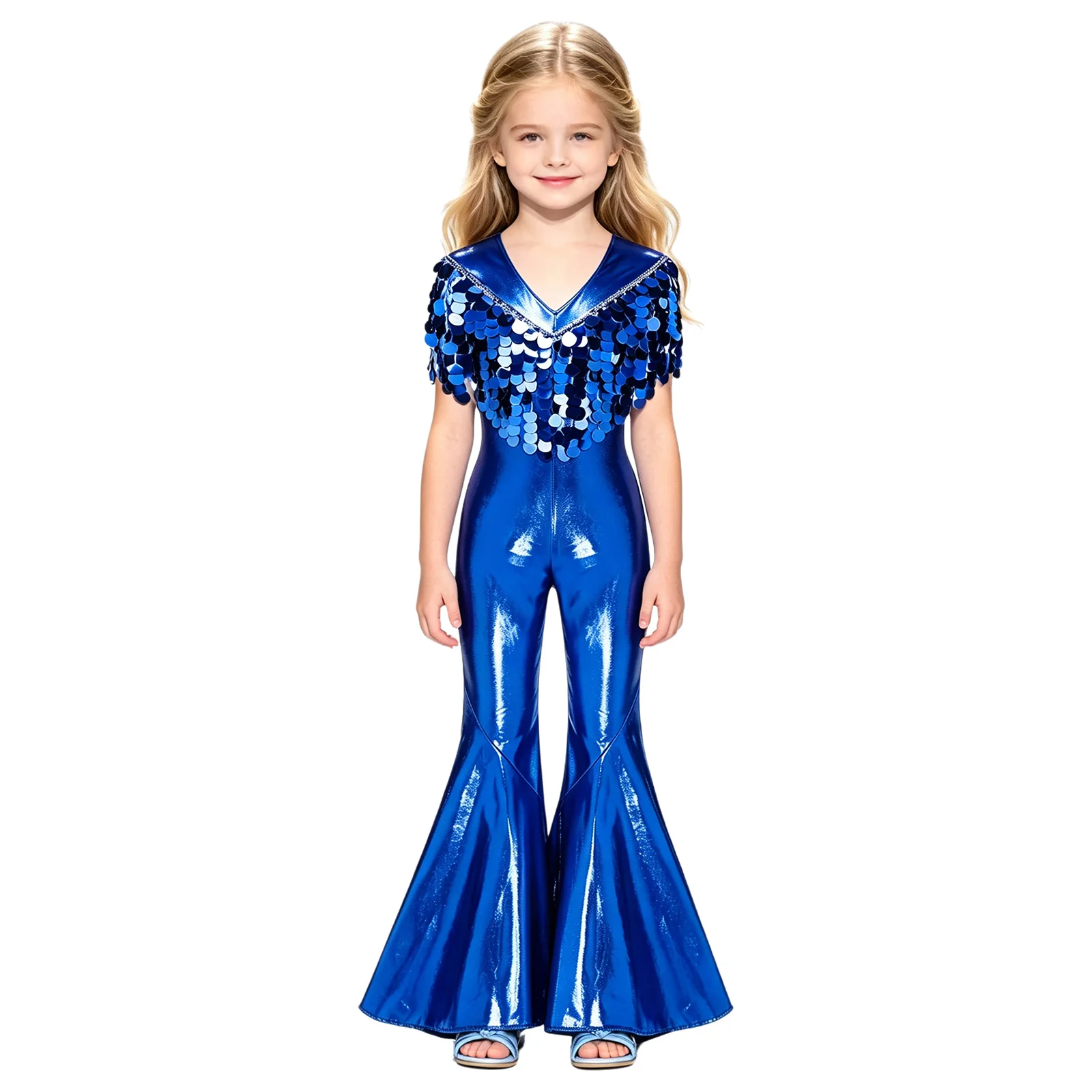 Kids Girls Shiny Metallic Disco Jazz Dance Costumes Sleeveless V Neck Sequin Tassel Bell Bottom Flared Jumpsuit Rompers