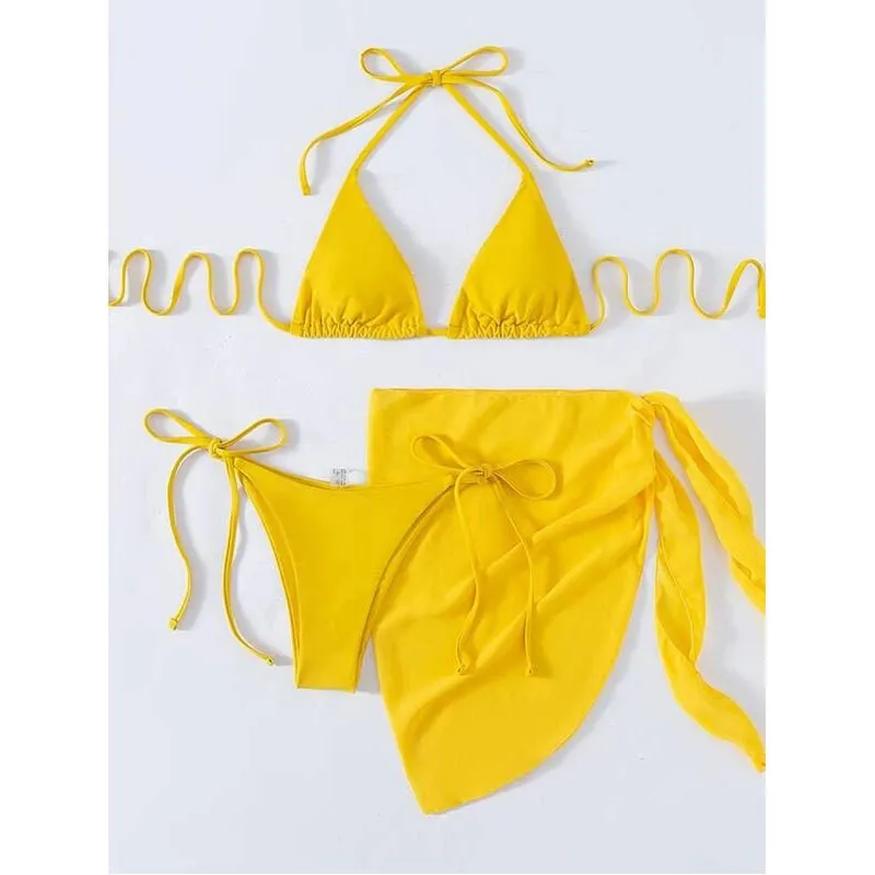 Woman Bikini Sets Triangle Top Tie Side Bottom Bikinis Women's Beach Solid Color Swimwear Halter Neck High Cut Two Piece
