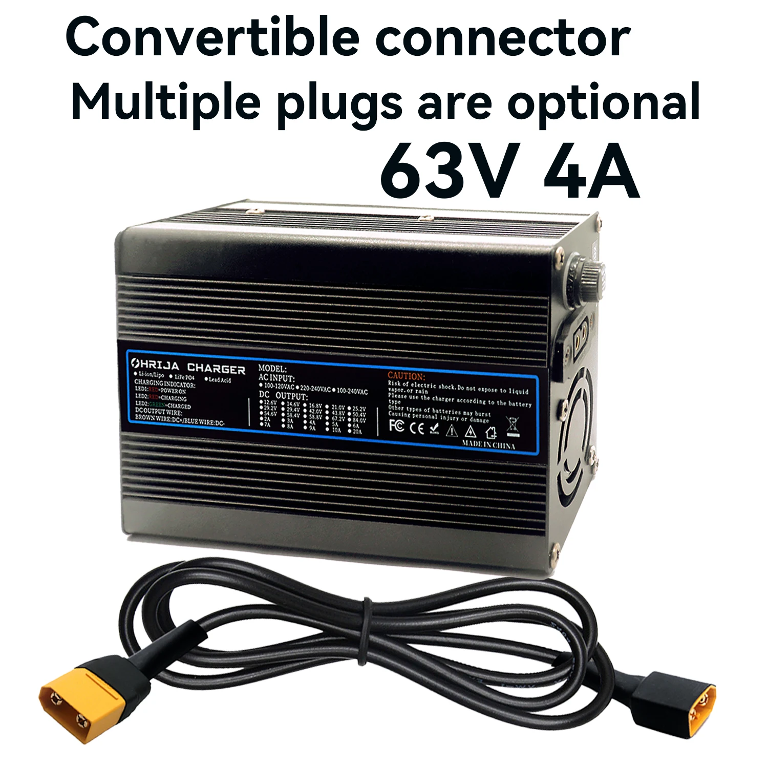 

Литиевое зарядное устройство 63 В, 4 А, быстрый алюминиевый корпус, подходит для 15S, 55,5 В и сменный разъем, быстрая стабилизация с охлаждающим вентилятором