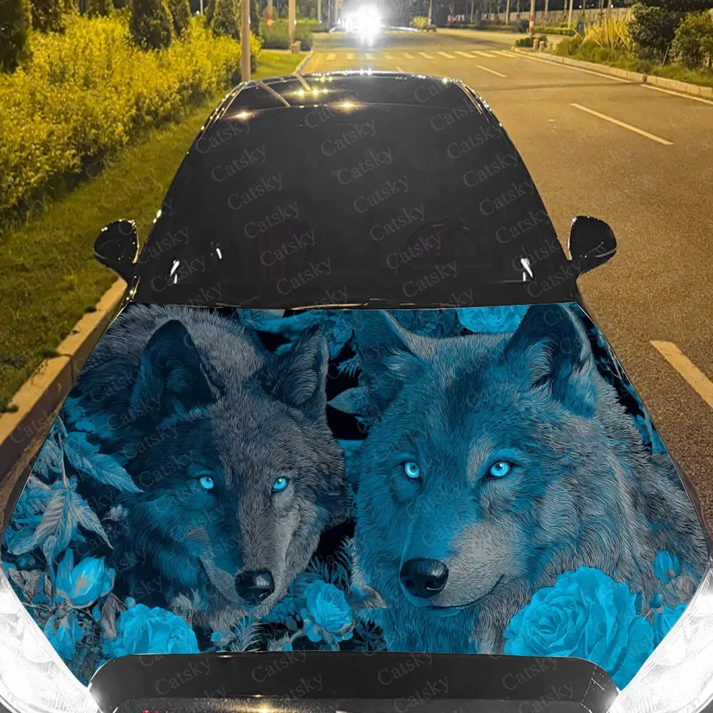 

Car Decal Blue Wolf Duo with Artistic Textural Fusion, Evoking a Mysterious Wilderness-Gothic Vibe Car Hood Sticker, Waterproof