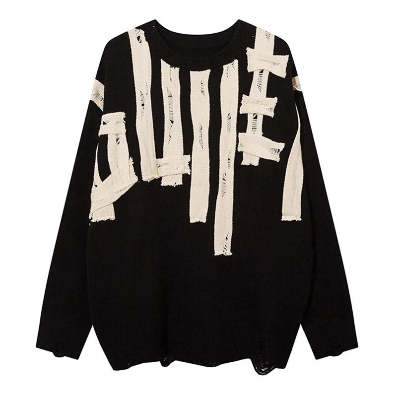 Oversized Hip Hop Fashion Patches Knitted Sweater Men Harakuju Ripped Pullover Tops Patchwork