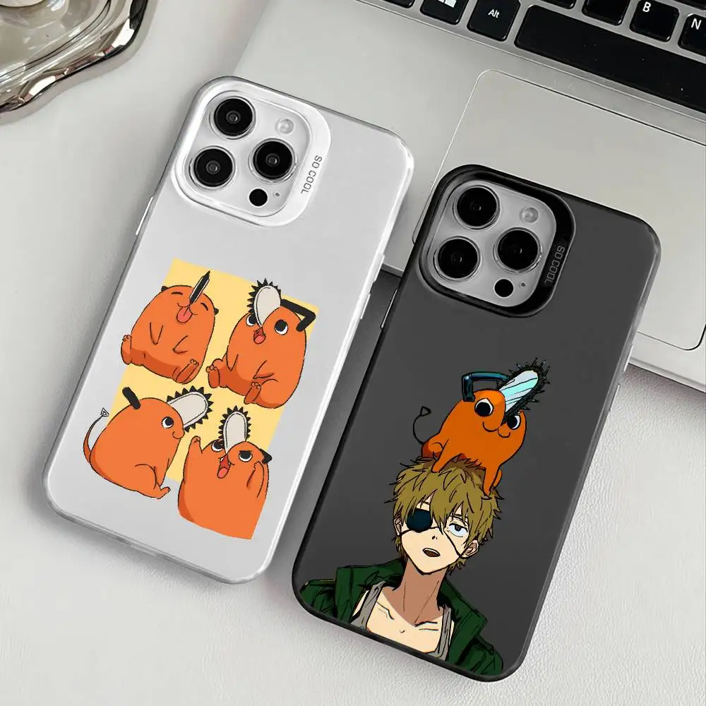 P-pochitas Anime motosierra hombre funda de teléfono para iPhone 16 15 14 13 12 17 Pro Max botón de Metal independiente galvanoplastia móvil