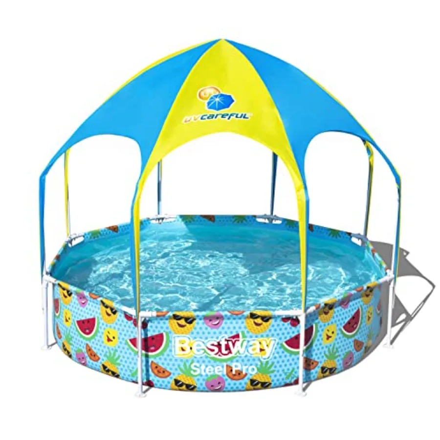 

Kids Splash-in-Shade 8-Foot Round Steel Frame Above Ground Pool with Water Mister and Canopy Sunshade, Green Tropical Leaf Print