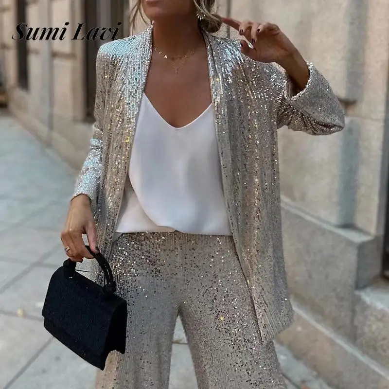 Casual Long Sleeves Cardigan Coats & Long Pant Suits Women Fashion Solid Loose 2Pc Sets Elegant Shiny Sequin Club Party Outfits