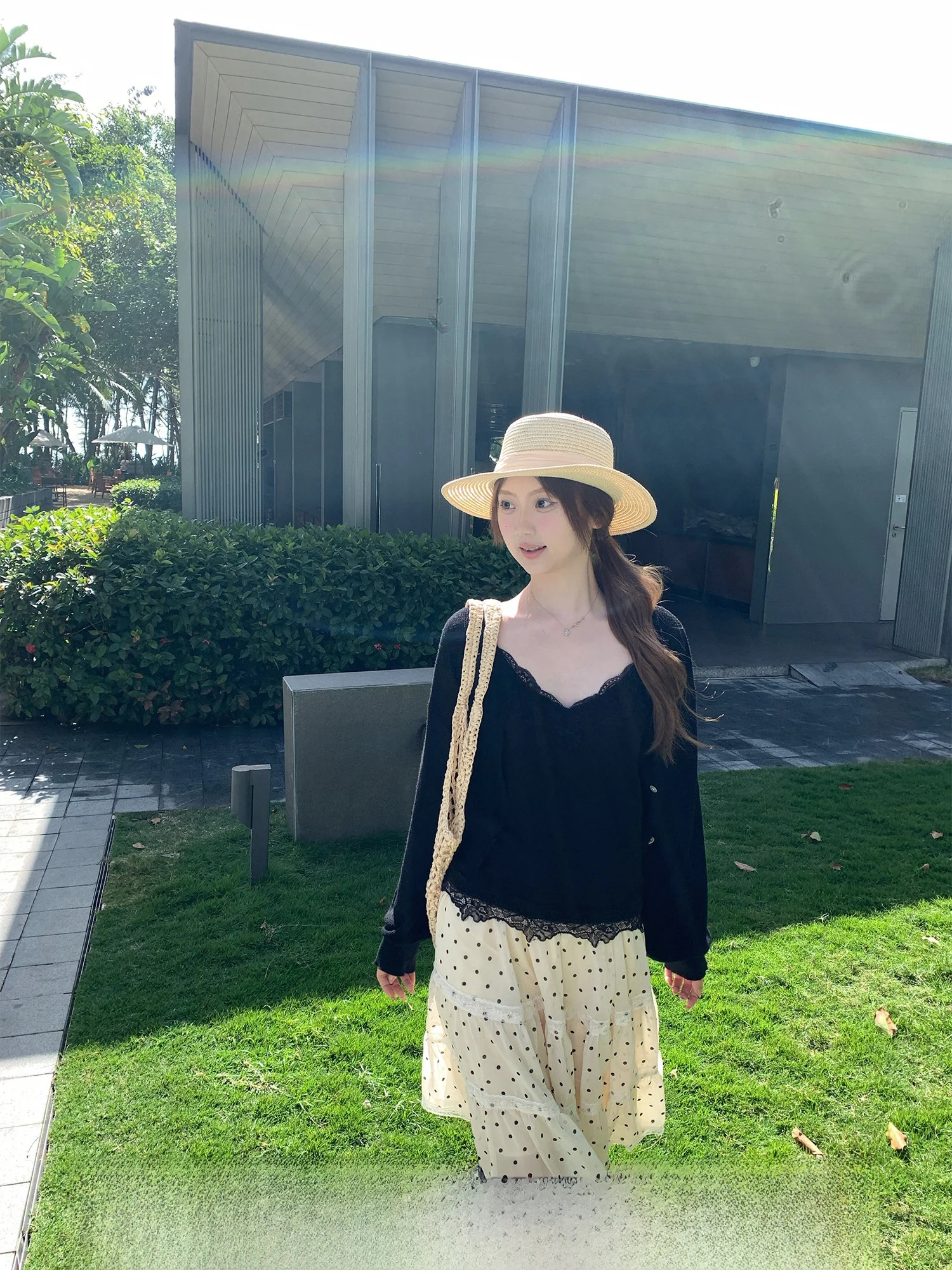 

Loose Fit Lambswool Knitted Open Cardigan Women's Bla Thin V-Ne Casual Sle Button Detail Long Sve Spring Outerwear