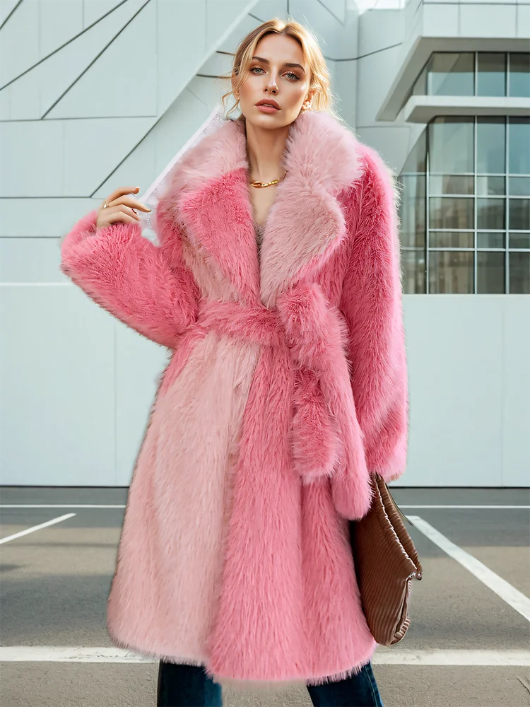 DEAT Fashion Women\'s Faux Fur Coat Lapel Loose Contrast Color Sashes Long Sleeve Thick Warm Jackets Winter 2024 New 7AB4940