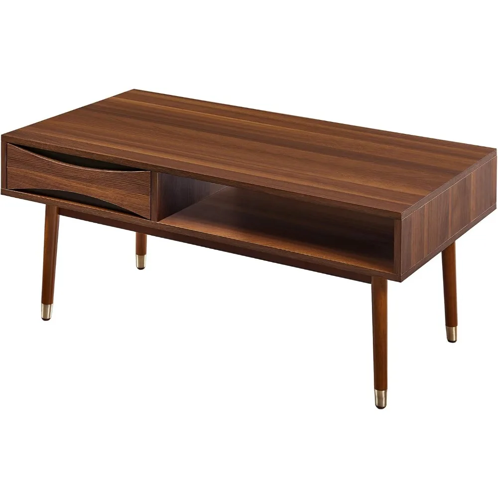 

40 In. X 21.63 In. Wooden Mid-Century Modern Coffee Table With Drawer And Shelf, Walnut With Brass Leg Tips