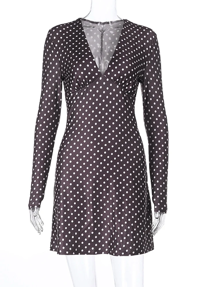 فستان JULISSA MO مثير بفتحة رقبة شكل v عميقة ومطبوع فستان نسائي بني بأكمام طويلة فستان قصير أنيق للخريف فستان نادي الحفلات