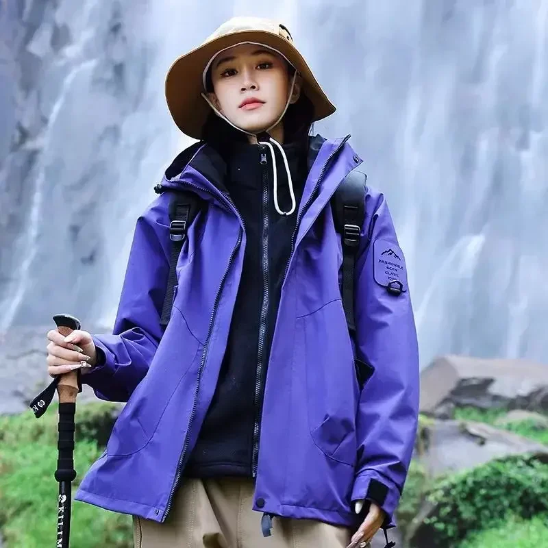 Women's Lightweight Hooded Softshell Jackets Outdoor Waterproof Windproof Single Burst Hiking Camping Jackets Couples Sportswear