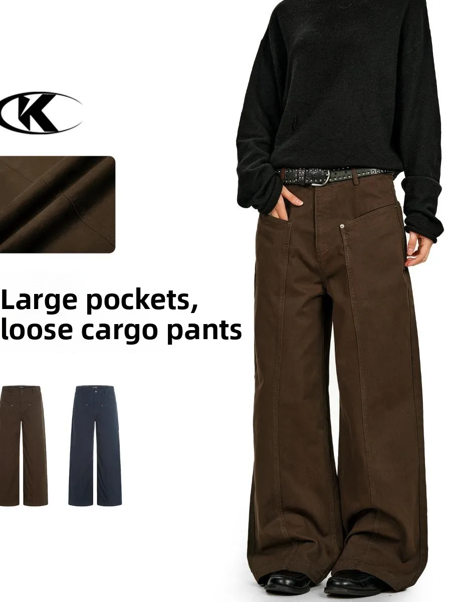 

Ретро Американские прямые брюки для спецодежды Мужчины Женщины Фреска Старение Простые свободные 3D Модные широкие повседневные брюки