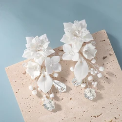 Ins Silver Gold Color Wedding Bridal Earrings White Porcelain Flower Leaf Women Drop Earring Handmade Accessories