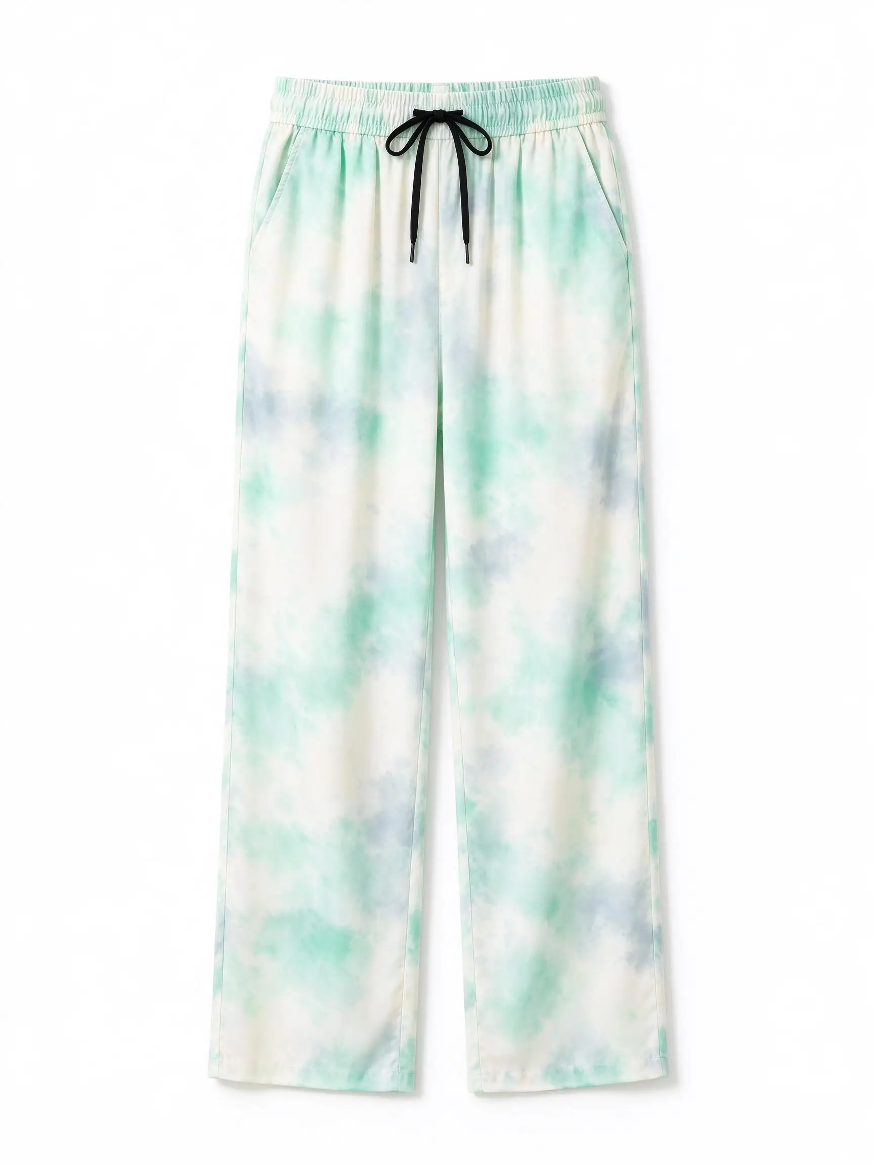 Women Mid Waist Tie Dye Wide Leg Pants Orange Black Gradient Print Drawstring Casual Trousers with Pockets