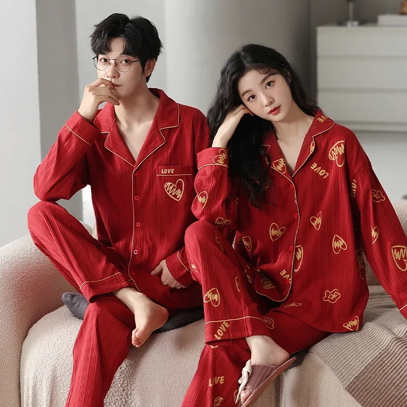 Cotton Red Color Sleepwear For Couples Cardigan Lapel Nightwear Women and Men Matching Pjs Hombre 2024 pyjama homme coton