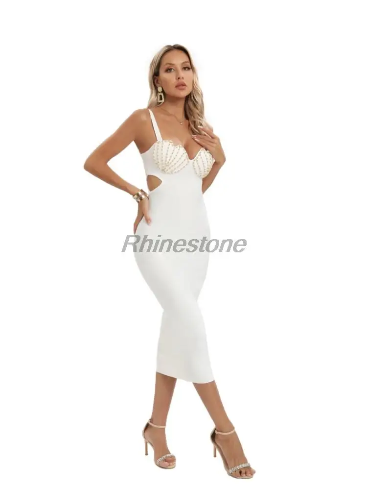 Hot Style 2-color Shell Shaped Nail Bead Hollow Low Cut Suspender Elegant Niche Bandage Dress