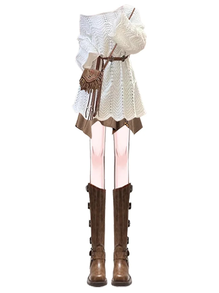 Laid-ba Loose Knitted Sweater ort Sle Two-piece Set Spicy Girl Spring 2025 New Arrival Polyester Fiber Long Sve roun...