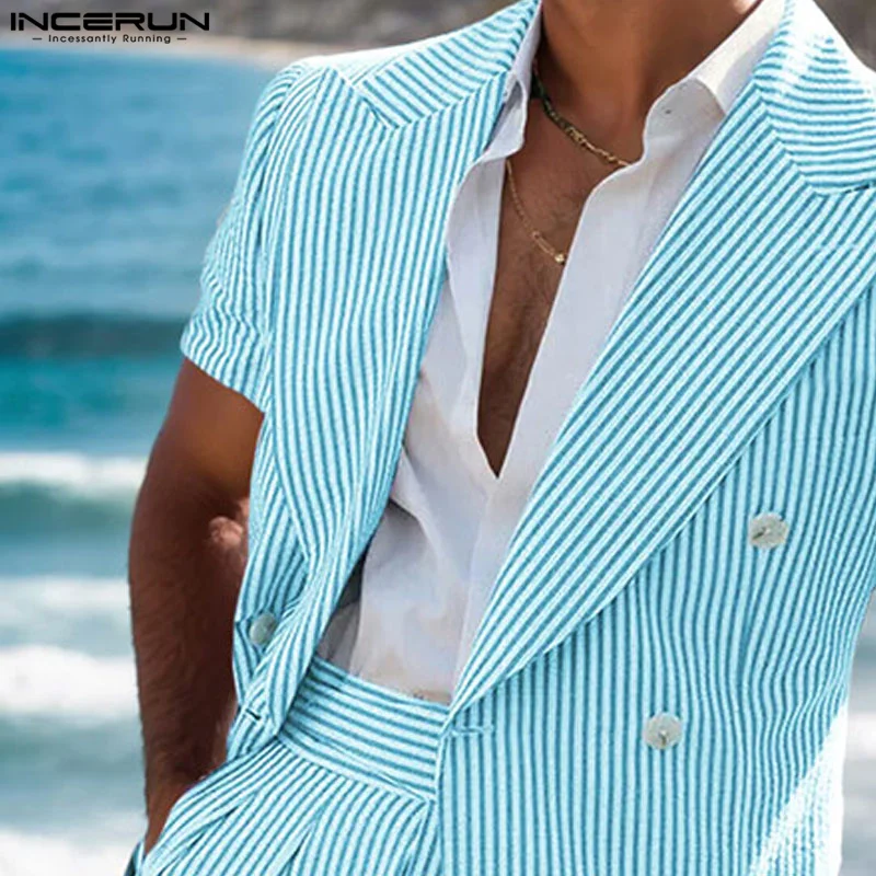 INCERUN 2024 American Style Stylish Sets New Men\'s Short Sleeved Suit Coats Shorts Leisure Suit Neck Striped Suit 2 Pieces S-5XL