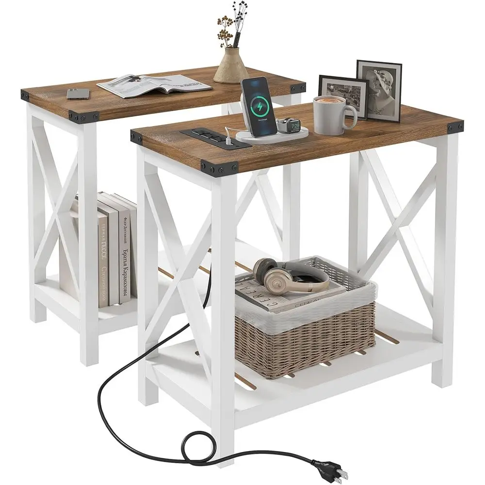 

2-Piece Living Room Side Table Set with Charging Station, Slim Design for Small Spaces, Storage Shelf, White and Brown